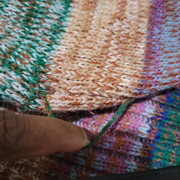 Vintage Hand Loomed Knit Cardigan Sweater Green Marled Rainbow Stripe 70s Medium - Picture 14 of 16